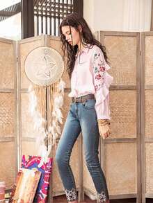女士秋季刺绣前扣上衣，女士春夏装，波西米亚风长袖上衣，法式优雅女士衬衫，女士新年装