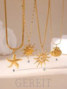 GEREIT 1pc Fashionable 18K Stainless Steel Sun, Starfish & Seashell Pendant Necklace, Suitable For Women's Daily Wear