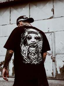 大码男士夏季运动短袖，深色图案印花圆领T恤，休闲短袖男女通用 - 彩色 - 查看 1