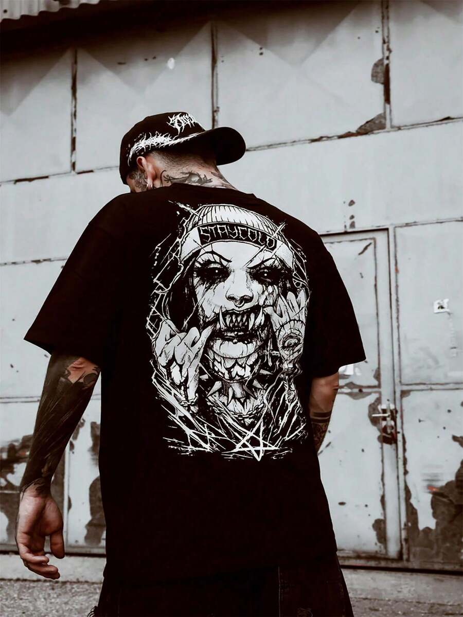 大码男士夏季运动短袖，深色图案印花圆领T恤，休闲短袖男女通用 - 彩色 - 查看 1