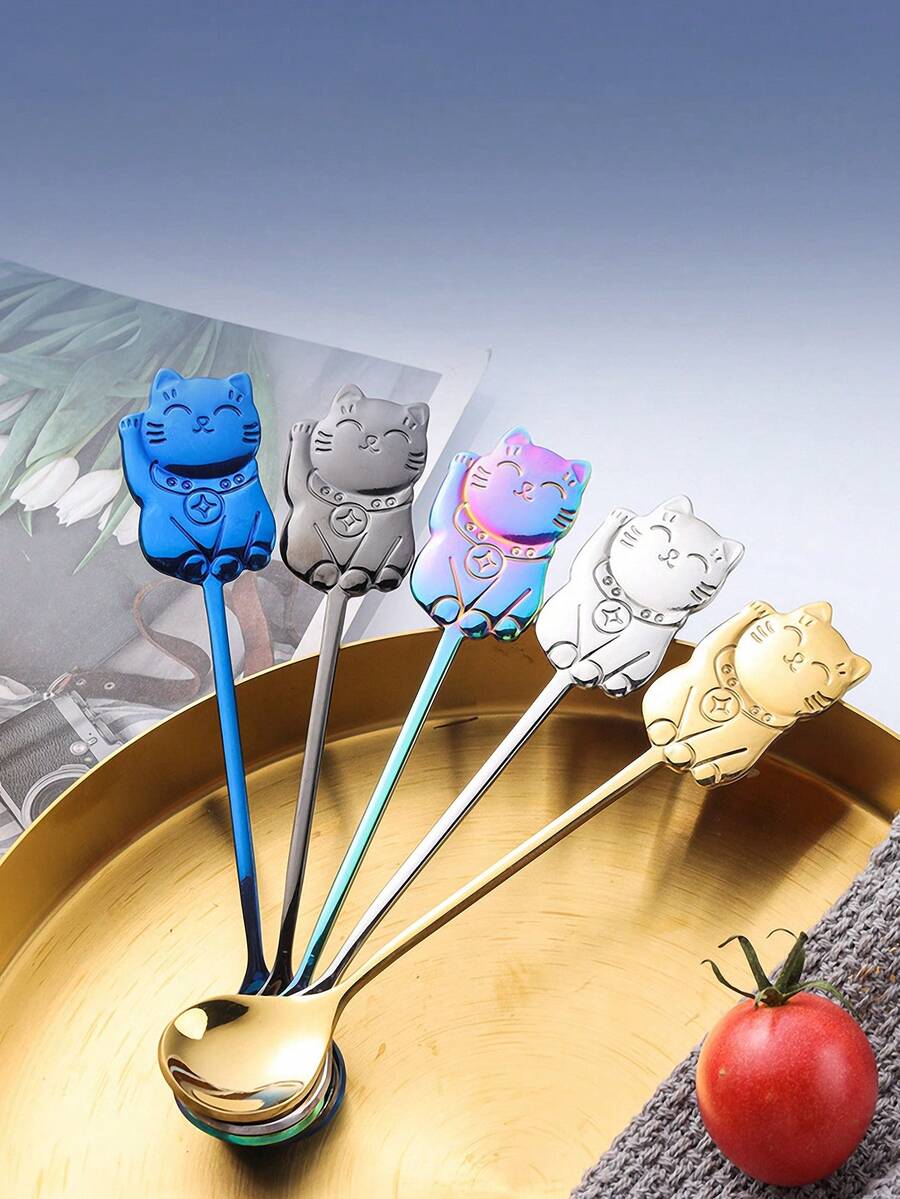 1pc Stainless Steel Lucky Cat Coffee Spoon, Dessert Spoon, Stirring Spoon - Multicolor - View 1