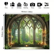 1 Decoración de fondo de fotografía de fibra de poliéster con ventana de catedral gótica en el bosque gótico, gran bandera de decoración de pared para estudio de fotografía, boda, cumpleaños, aniversario, hogar de las cuatro estaciones y decoración de evento del jardín