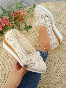 Pointy Toe Plain Color Bohemian Bowknot Wedge Platform Women's Slip-On Dress Shoes, Woven Hollow Out, Suitable For Party, Spring/Summer - Beige - View 6