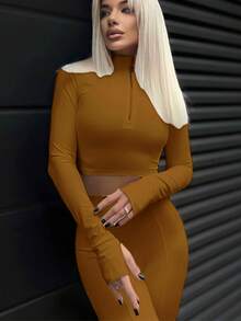 3 piezas de Conjuntos de Yoga sin costuras para mujer, pantalones deportivos de cintura alta con realce de cadera, traje sin espalda de manga larga, ropa de entrenamiento, pantalones cortos de gimnasio - Café integral - Ver 3