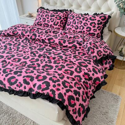 2/3pcs 100% Polyester Soft, Lightweight & Breathable Leopard Print Lace Duvet Cover Set (Without Comforter), (1 Duvet Cover And 1/2 Pillowcase), All-Season Modern Polyester Bedding Set