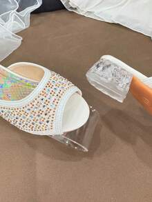 1 Pair White Shiny Princess Crystal Heel Mule Slippers, Elegant & Versatile For Everyday Wear - White - View 9