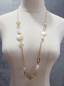 1pc Elegant Geometric Acrylic Bead Hollow Iron Plate Long Necklace, Bohemian Style, Multi-Color, Versatile For Women's Daily Wear