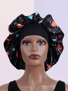 1 Stück Satin Bonnet mit Sternenmuster und Mond Personalisierung, breiter elastischer Satincap Nachtmütze