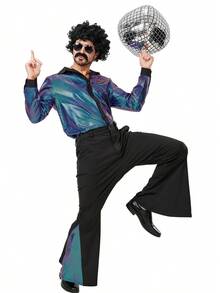 1 Set MEN's Disco Costume Vintage 80s/70s/90s Cosplay New Arrival 1970s Party Stage Performance With Hair,Necklace And Other Accessaries Christmas Party - Màu xanh lam - Xem 8