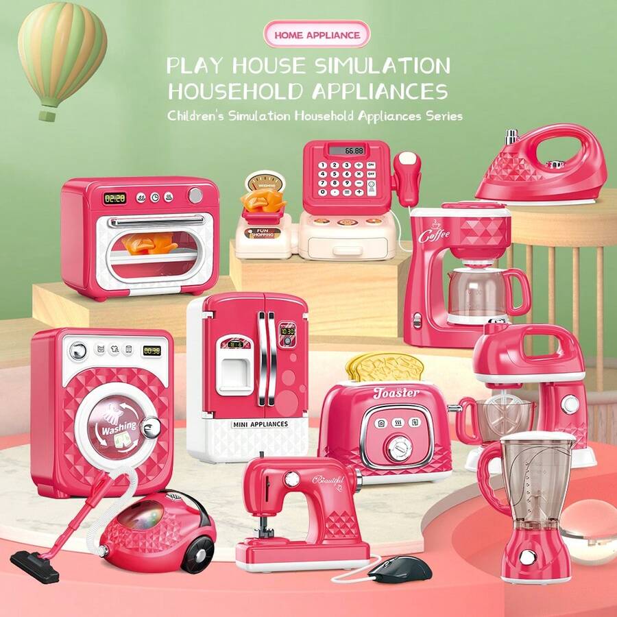 厨房电器玩具套装，包含咖啡机、搅拌机、搅拌器和烤面包机，具有逼真的灯光和声音，适合 4-8 岁儿童，洋红色 - 彩色 - 查看 1