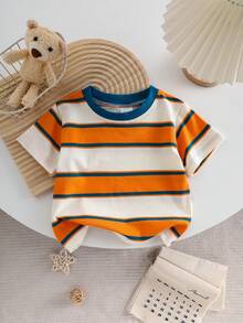 Baby Striped Short Sleeve T-Shirt, High Stretch Soft Breathable Cotton Tee, Lightweight Summer Top - Yellow - View 5