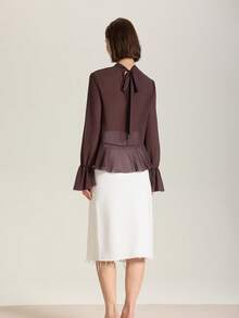 Women's Layered Bow Decor Sheer Round Neck Blouse Spring - Brown - View 2