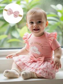 0-18 Months Baby Girl Western Outfit Cowgirl Hat Letter Short Sleeve Ruffle Romper Layered Skorts Bow Headband 3 Piece Set - 粉色 - 查看 1