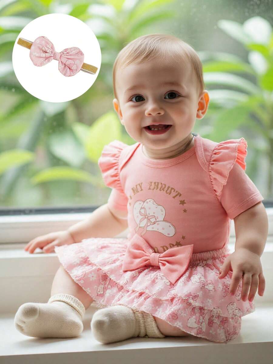 0-18 Months Baby Girl Western Outfit Cowgirl Hat Letter Short Sleeve Ruffle Romper Layered Skorts Bow Headband 3 Piece Set - 粉色 - 查看 1
