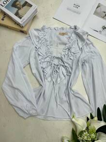 SHIRT MADE OF COTTON AND SYNTHETIC LINEN WITH RUFFLES AND V-NECKLINE