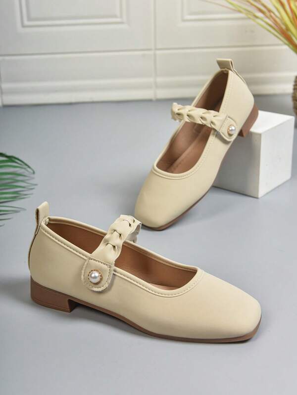 1 Pair Elegant & Fashion Classic Square Toe Soft Bottom Mule Slip-On Shoes, Beige Pearl Decorative Mary Jane Flats, Stylish Bow Detail Ankle Strap Heels, Office Lady White Collar Shoes With 2.5cm Heel Height