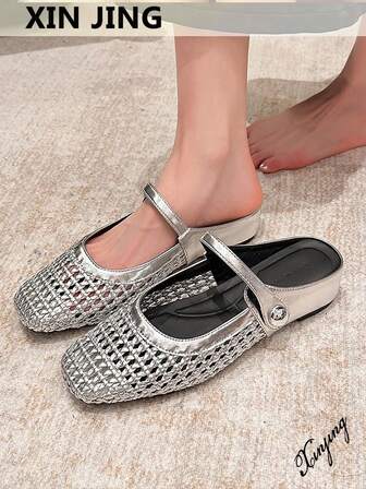 Xin Jing Shoes 2025秋季女士时尚编织镂空绑带平底增高通勤鞋、穆勒鞋、芭蕾平底鞋