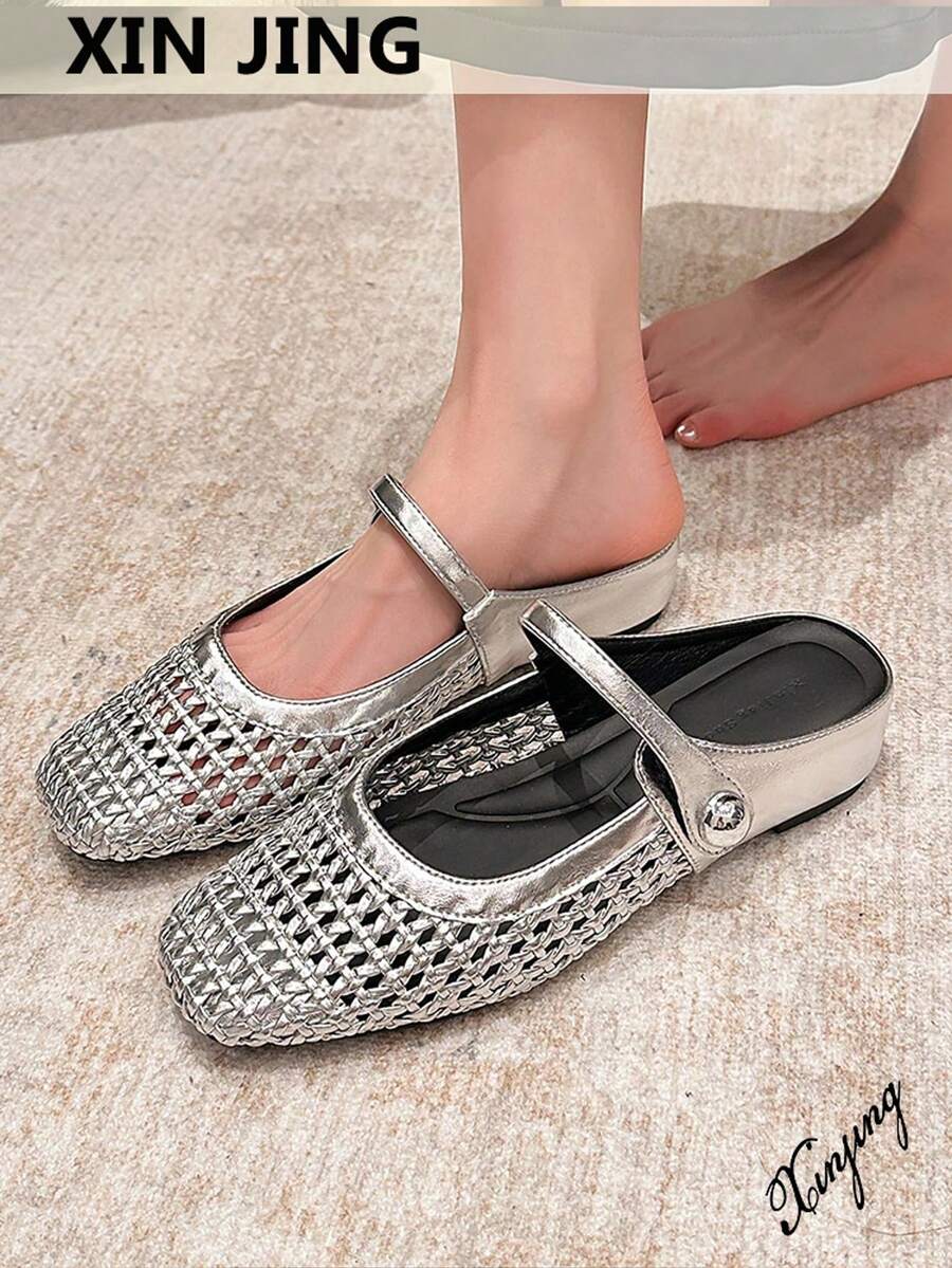Xin Jing Shoes 2025秋季女士时尚编织镂空绑带平底增高通勤鞋、穆勒鞋、芭蕾平底鞋