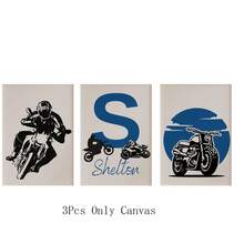 3pcs Set Custom Canvas Wall Art - Personalized First Initial Name, Personalized Motorcycle Theme Wall Art Set - Black & Blue Customizable Prints For Boy's Room High Quality Material, Unique Gift Idea Gifts Birthday Graduation Optional Frame