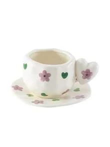 1pc Elegant Heart-Shaped Ceramic Mug & Saucer Set, Unique Handle Design, Cute Pattern Cup, Office Coffee Mug, Afternoon Tea Set, Holiday Gift, Couple Mugs - 彩色 - 查看 15