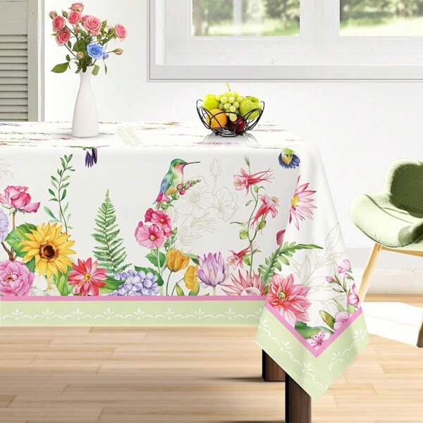 1 Peça Toalha de Mesa Elegante com Padrão Floral e de Beija-Flor, Toalha de Mesa Lavável de Poliéster com Estampa Colorida de Flor, Pássaro e Borboleta, Adequada para Decoração de Casa, Sala de Estar, Sala de Jantar, Cozinha, Piquenique, Festa, Feriado e Casamento