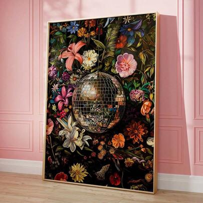 1pc Vintage Disco Ball Painting Flowers Vase Wall Art Disco Ball Poster Aesthetic Wall Decor Botanical Painting Retro Poster Wall Art,Canvas Wall Poster, Bedroom Living Room Hallway Decoration,Wall Art Decorative Murals, Home Decor, Poster Art Gifts Birthday Graduation Optional Frame ,Wall Art With Frame