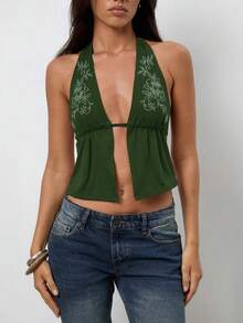 Women Open Front Halter Tops Y2k Floral Deep V Neck Slim Fit Tank Top Sleeveless Backless Camisole Crop Tops Summer Vests Shirts Going Out Tops Vinatge Aesthetic Clothes Party Streetwear - 綠色 - 查看 1