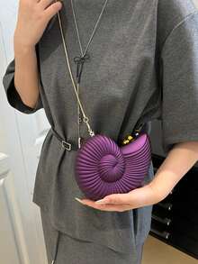 Elegant Seashell Design Women's Party Handbag, Fashionable Shiny Evening Bag With Chain Strap For Shoulder/Crossbody, Earphone, Lipstick And Coin Purse - Purple - View 5