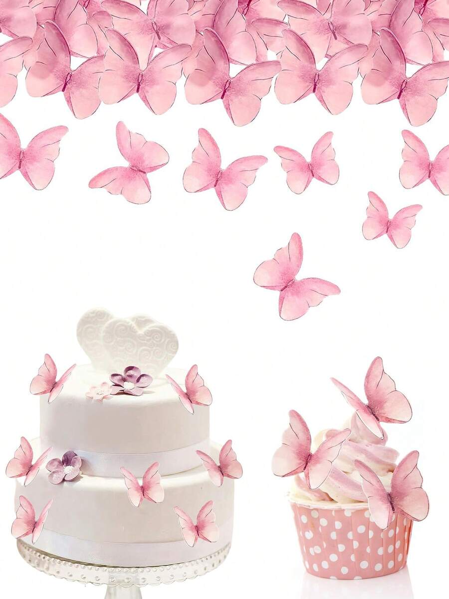 48/96件蝴蝶蛋糕装饰，纸质蝴蝶纸杯蛋糕装饰插牌，仙女主题生日蛋糕装饰，结婚纪念日、婴儿派对、生日派对装饰，春夏蛋糕装饰