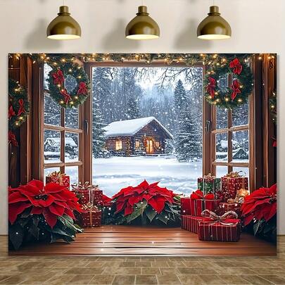 1 Christmas Background Flag, Multifunctional Holiday Background, Snow House Scene, Phoenix Flowers And Gifts, Universal Size, No Need For Electricity, Suitable For Holiday Indoor And Garden Parties, Red Curtain Christmas Background, Etc.