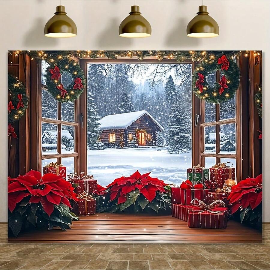 1 Christmas Background Flag, Multifunctional Holiday Background, Snow House Scene, Phoenix Flowers And Gifts, Universal Size, No Need For Electricity, Suitable For Holiday Indoor And Garden Parties, Red Curtain Christmas Background, Etc.