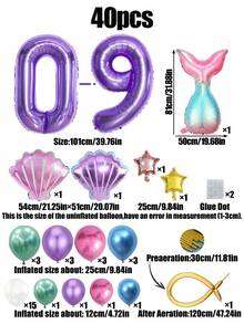 40 件美人鱼主题生日气球套装，40 英寸紫色 0-9 数字铝箔气球，美人鱼尾巴和贝壳形状，适合派对/1 岁生日装饰 - 彩色 - View 5