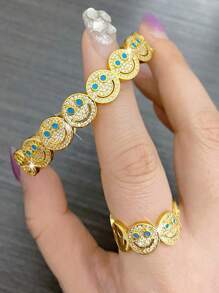2pcs Set Luxury Elegant Smiling Face Bangle And Ring Set, Fashion Minimalist Copper Alloy Cubic Zirconia Jewelry Set, Valentine's Jewelry Gift