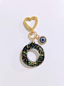 1pc Laser Black Shiny Resin A-Z Initial Keychain, With Devil Eye And Heart Keyring Bag Charm Pendant, Party Favor, Suitable For Holiday Gifts To Friends