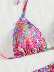 女士可爱花卉蕾丝褶皱比基尼两件套，适合夏季海岛度假游泳 - 彩色 - 查看 3