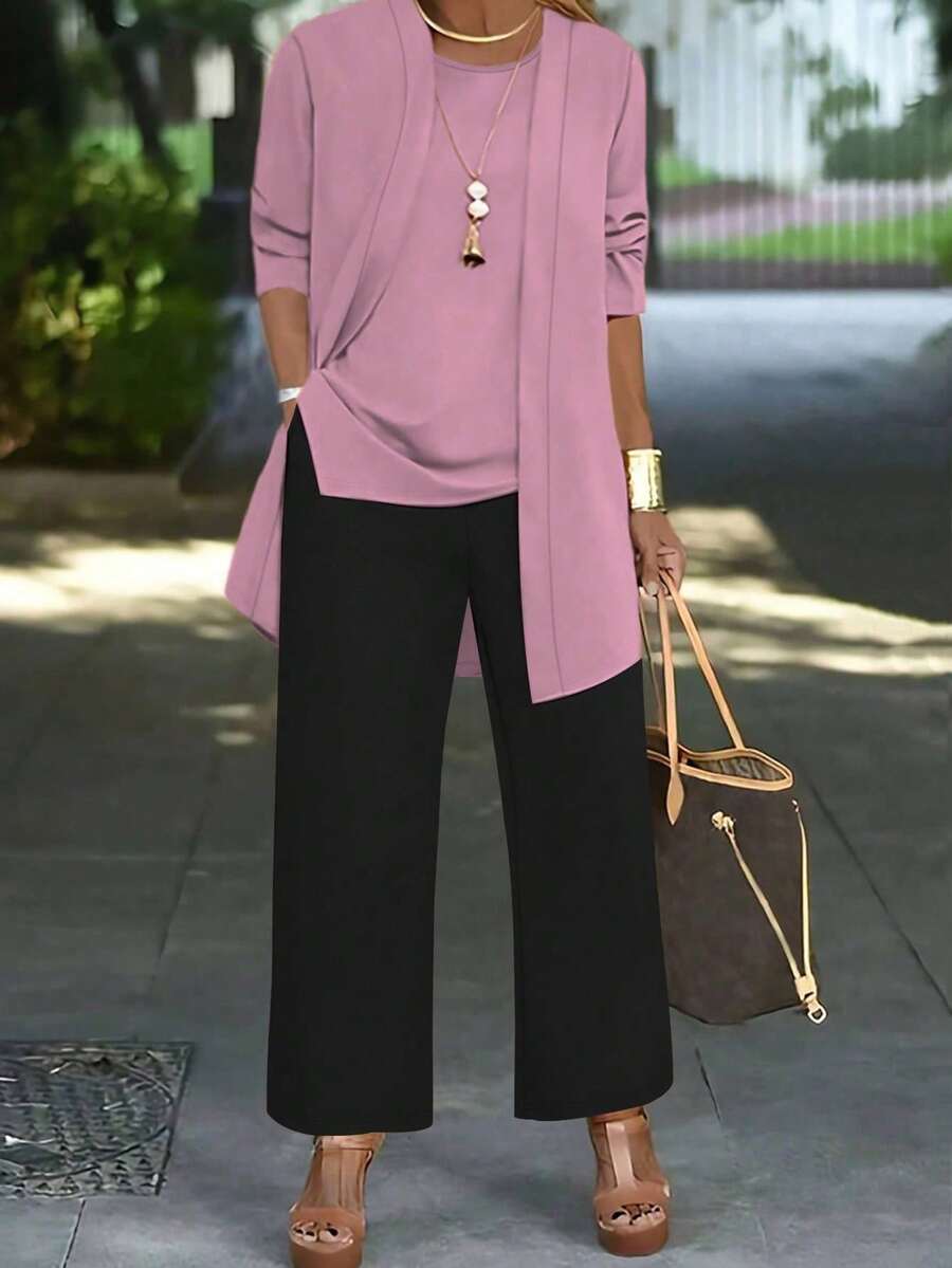 Bộ 3 món: Áo khoác màu trơn thường ngày + Áo thun cổ tròn không tay + Quần ống đứng cạp chun, chất liệu mềm mại, co giãn, dáng rộng thoải mái, thích hợp cho mùa xuân/thu/đông. - Hồng nhạt + đen - Xem 1