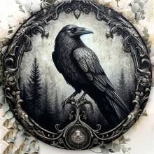 1 pieza Placa metálica 2D, placa decorativa redonda metálica con diseño de corona y cuervo, decoración de pared para hogar/café/apartamento/restaurante/sala de estar, regalo de fiestas, regalo para amantes de las aves, 8" X 8", estilo de perforación aleatorio
