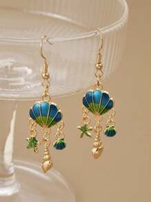 1 Pair Elegant Women's Oil Drop Shell & Starfish Dangle Earrings, Vacation Casual Style