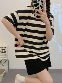 AICJ 2 件套女士休闲套装，宽松短袖条纹衬衫和短裤，舒适的睡衣，适合室内/室外使用，春夏季 - 彩色 - 查看 4