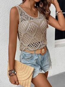 纯色镂空圆领上衣百搭无袖宽松针织上衣适合春夏季女装