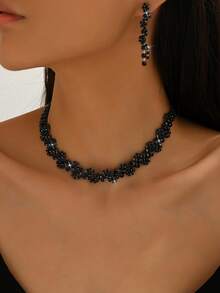 女士首饰套装，项链、耳环，3件套，几何图案，优雅派对配饰，新娘婚礼情人节配饰 - 黑色 - 查看 2