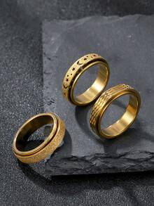 3pcs Anxiety Ring Set For Men And Women Stainless Steel With 18k Gold Plated Star And Moon Ring Vintage Rings Frosted Craftsmanship Suitable For Holiday Gifts Vacation Gifts For Friends - Yellow Gold - View 3