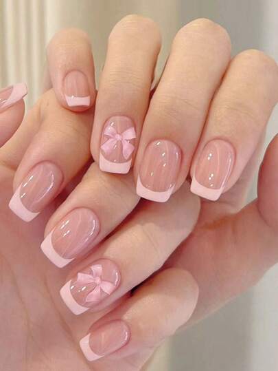 ARTAUG 10 piezas Pegatinas de uñas francesas de talla S/M/L, uñas postizas cuadradas cortas, diseño de lazo rosa estampado de leopardo francés, pegatinas de uñas adhesivas de color nude, uñas postizas brillantes, reutilizables, pegatinas de uñas lindas, suministros de arte de uñas para mujeres