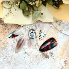 Handmade Original Retro-Style Gem Press-On Nails - Medium Almond Self-Adhesive Reusable Artificial Nails. Versatile For Music Festivals, Stage Performances, Daily & Holiday Wear. Convenient Stylish False Nails. - 咖啡棕 - 查看 4