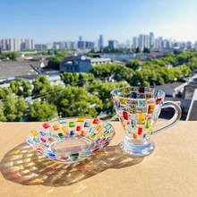 4pcs Stained Glass Small Coffee Mug Rainbow Light Square Coffee Mug With Saucer - màu sắc - Xem 2