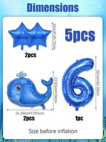 5pcs Blue Whale Theme Balloon Set, Including Blue 0-9 Number Foil Balloons, Blue Star And Blue Whale Balloons, Suitable For Boy Or Girl Birthday Decoration, Baby Shower, Ocean Theme - Multicolor - View 8