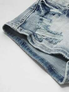 女式休闲弹力纯色做旧牛仔短裤，带口袋和刺绣花朵，春夏 - 淺色水洗藍 - 查看 6