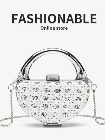 Ny dammode vit silver strass glänsande mini kuvertväska, glittermaterial, metallaxelrem kan bäras i handen eller axeln, med sminkspegel inuti, lämplig för kvällsfest, shopping, sminkbruk