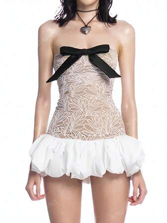 Vestido mini con bloqueo de colores y flores, vestido de fiesta de noche con lazo de encaje, vestido elegante de cóctel, SS25