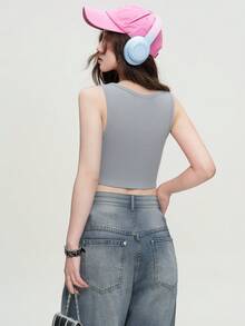 女士棉质无袖短款背心，修身美式风格，百搭夏装 - 23CH1114淺藍色 - 查看 4